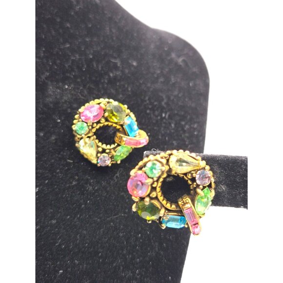 Rare Hollycraft Signed Brooch Pin and Clip Earrings Set Multi Color Rhinestones - Picture 2 of 7
